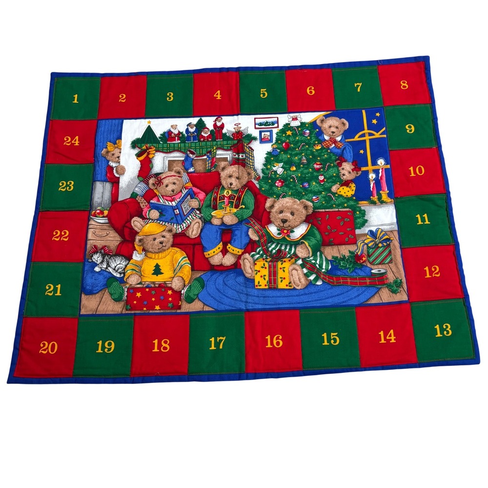 Vintage Christmas Teddy Bear Family Advent Calendar Wall Hanging 29x23" Cottage